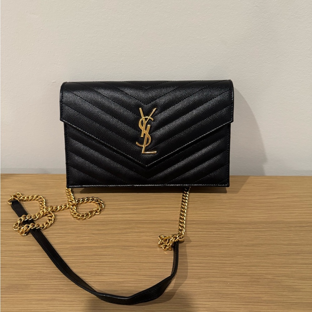 Yves Saint Laurent Black and Gold Quilted wallet on chain